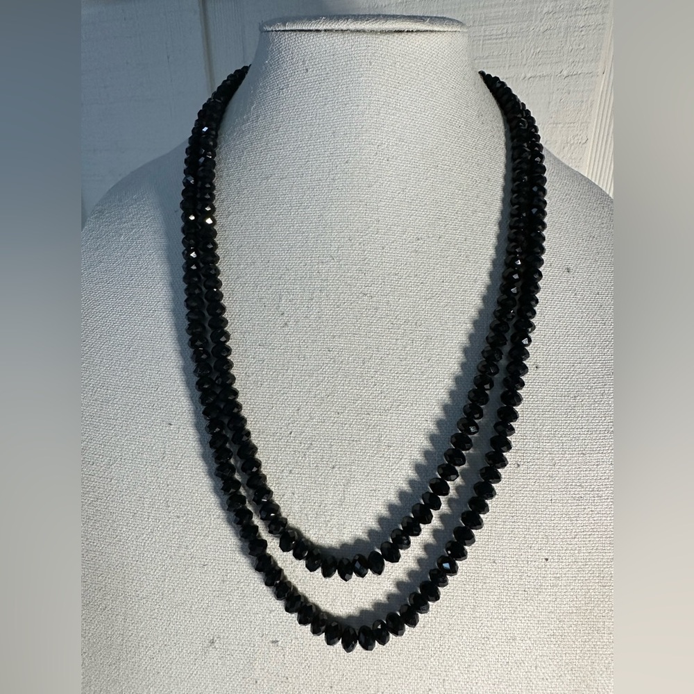 Ultra long black glass faceted bead necklace